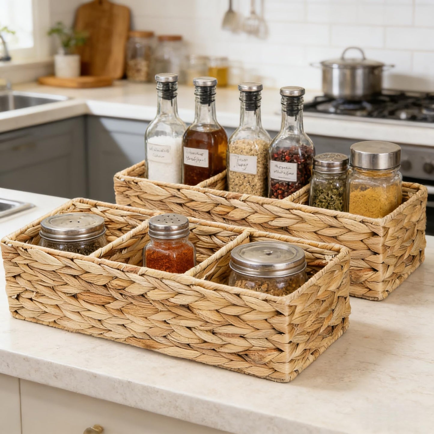 Pumtus 2 Pack 3-Section Wicker Baskets, Water Hyacinth Storage Bin, Handwoven Desk Organizer, Toilet Paper Container