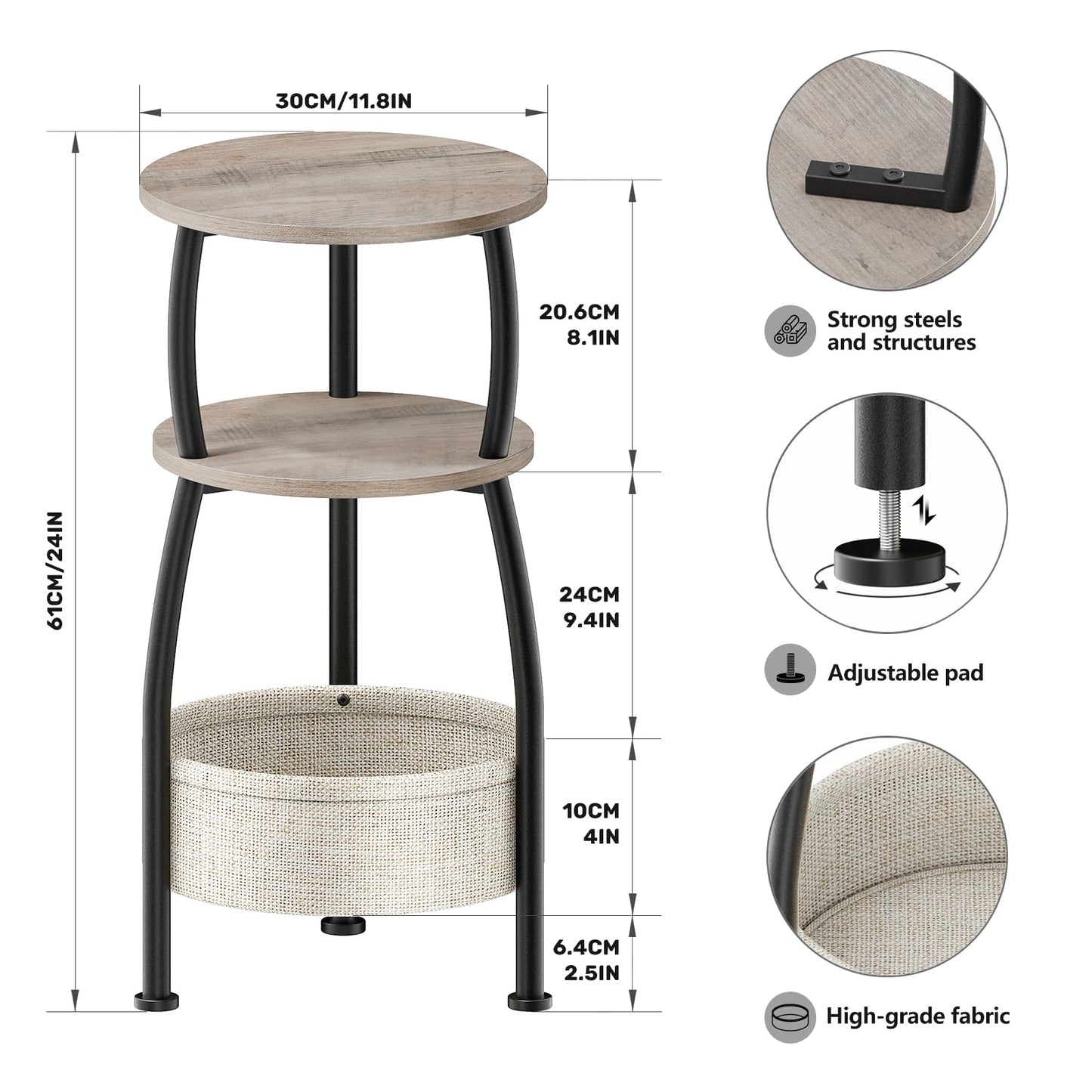 Yuede Round Side Table, 3 Tier Bedside Table, Small End Table with Fabric Basket, Coffee Table for Living Room, Bed Room, Small Space, Easy Assembly