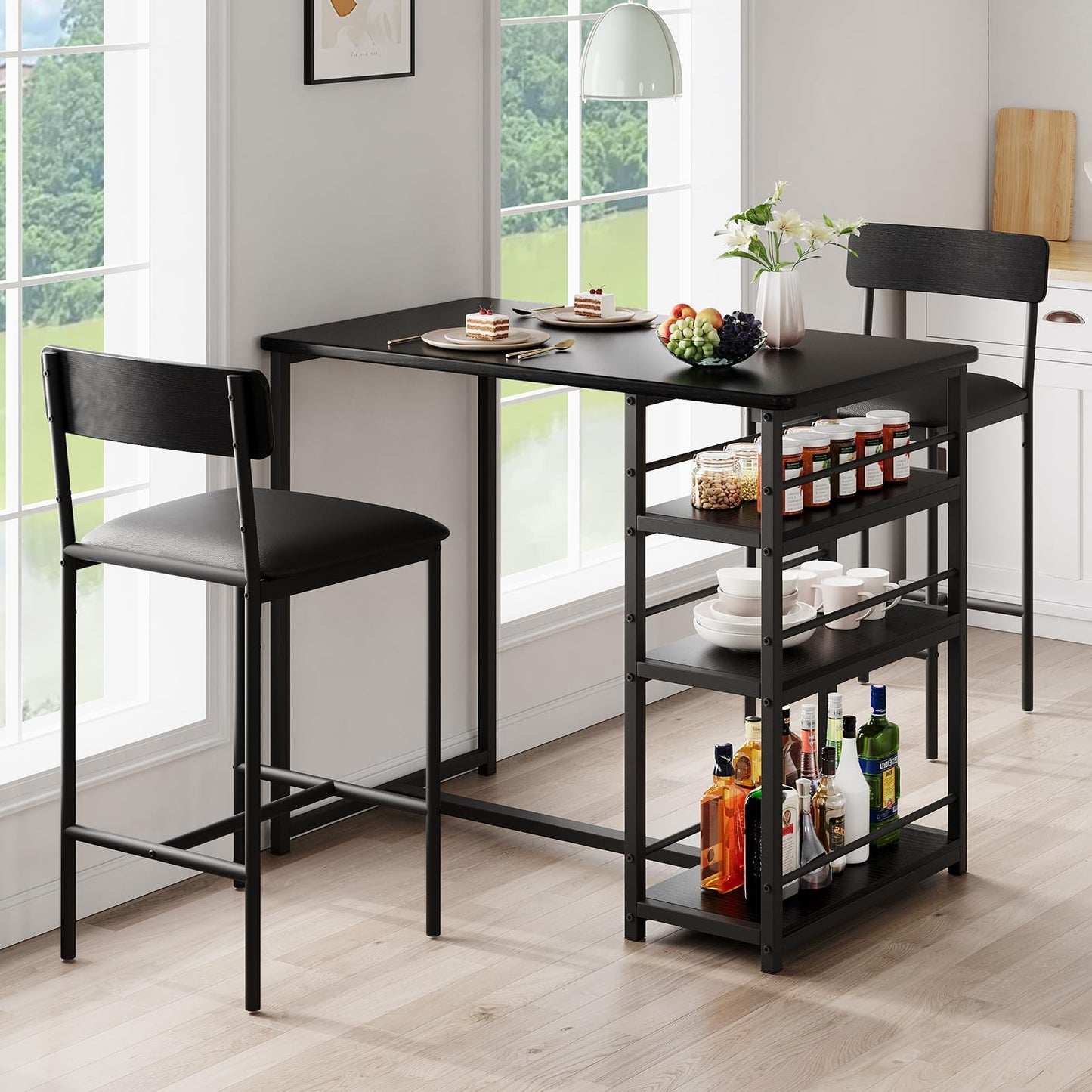 Crevyteg Compact 3-Piece Breakfast Bar Set for Small Spaces - Includes Storage Shelf Table & 2 High-Back PU Leather Stools