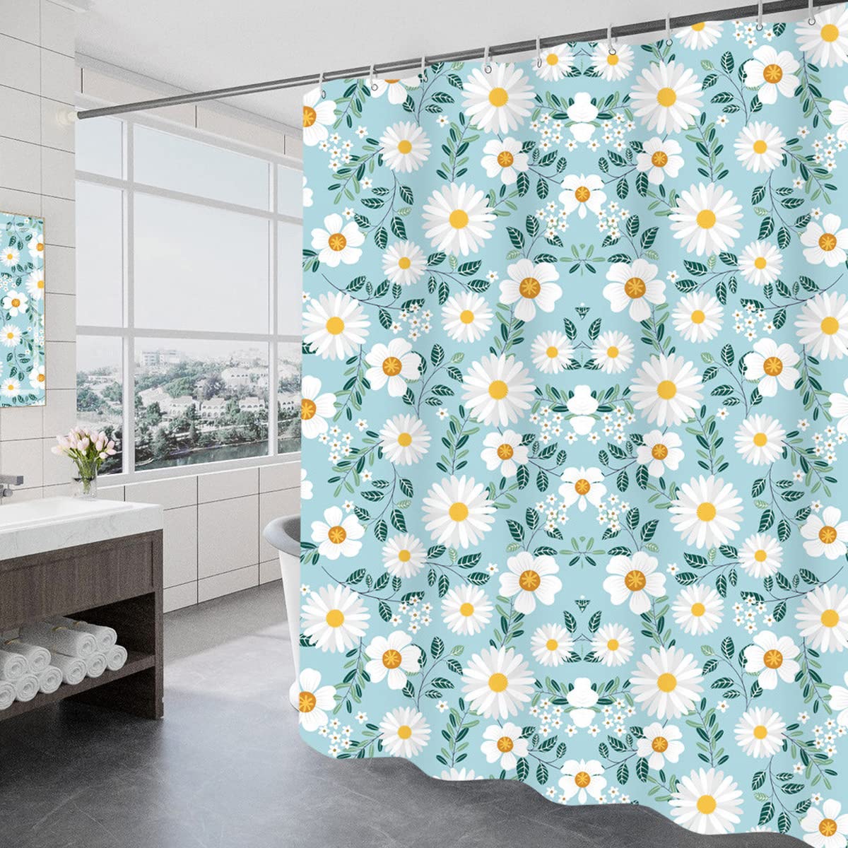 GONOVE Shower Curtain 180 x 200cm Mildew Resistant Waterproof Thicken Polyester Fabric Flowers Bathroom Shower Curtain Liner Long Washable Bath