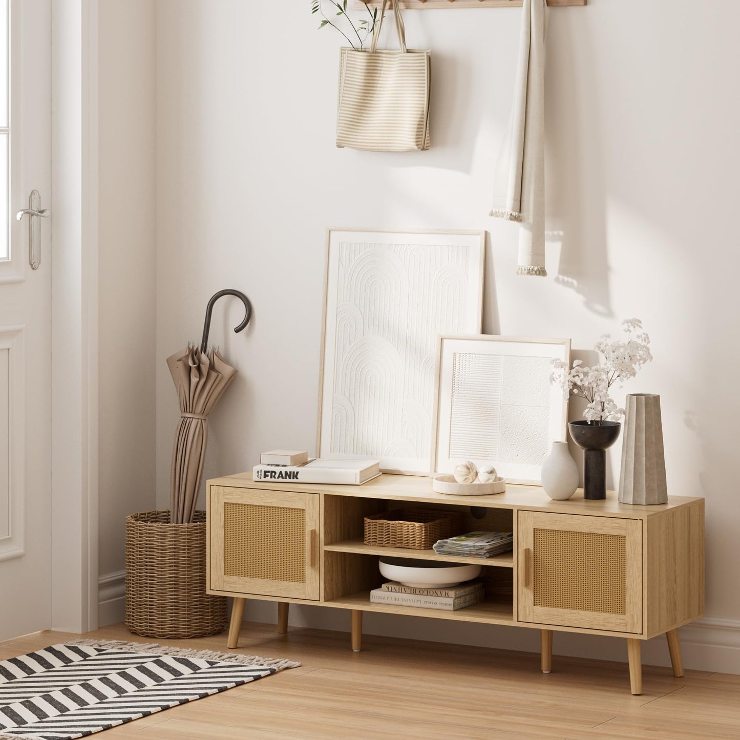 HEYZOEY Oak TV Stand, Rattan Doors, 2 Cabinets, Wood Legs, up to 65 in
