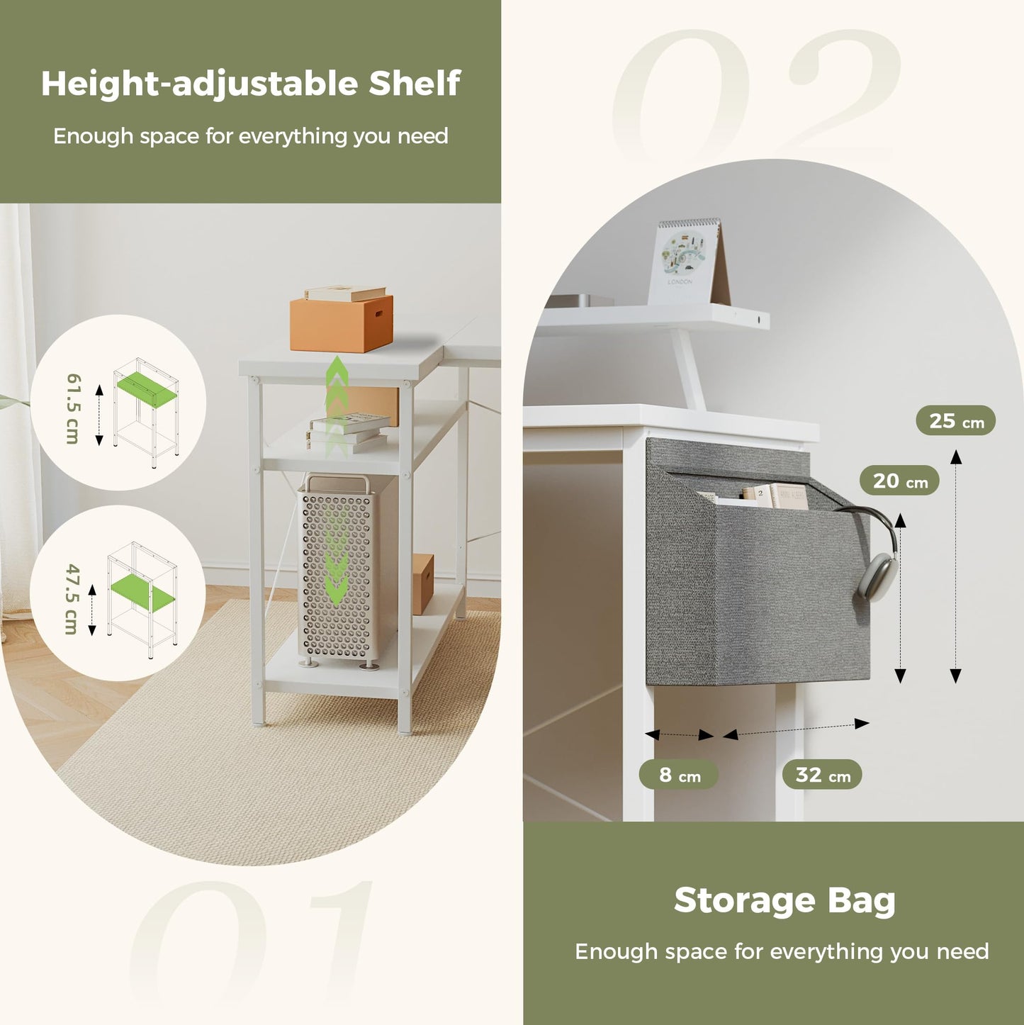 Mericonia Corner Desk, w. Monitorstand & Built-in Socket, 100x70cm, White