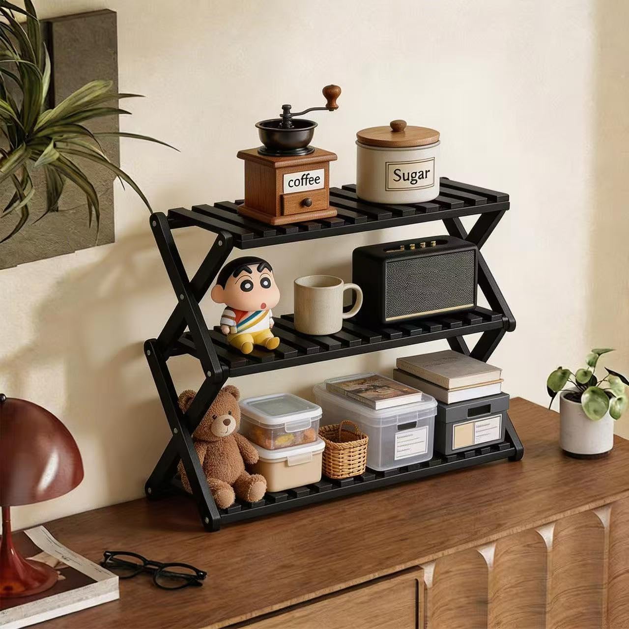 Momleix Folding Shoe Rack Black, 3 Tier Shoe Shelf Without Installation, Sturdy Bamboo Storage Organiser for Entryway Closet and Small Spaces