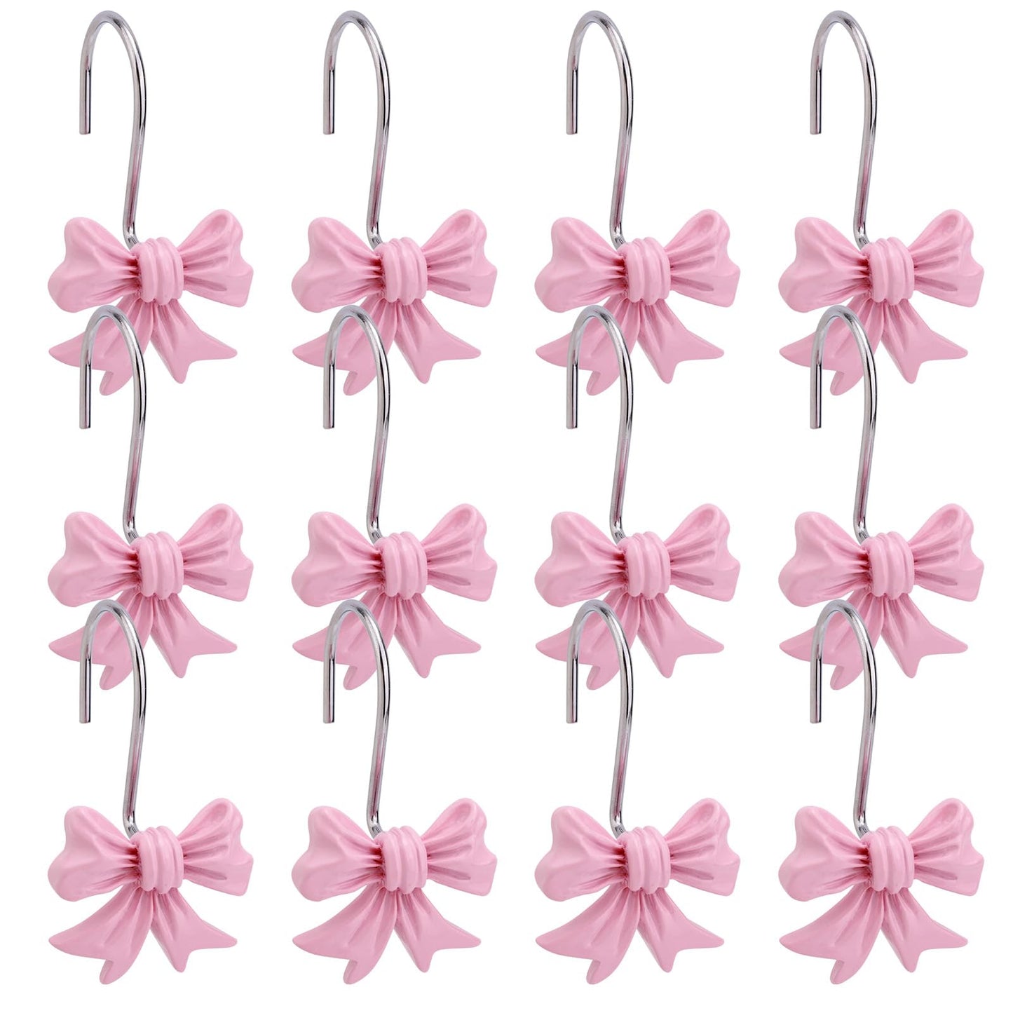 12pcs Bow Knot Shower Curtain Hooks, Decorative Bathroom Bow Hangers Cute Metal Curtain Rings for Bathroom Baby Room Nursery Art Decor (Pink)
