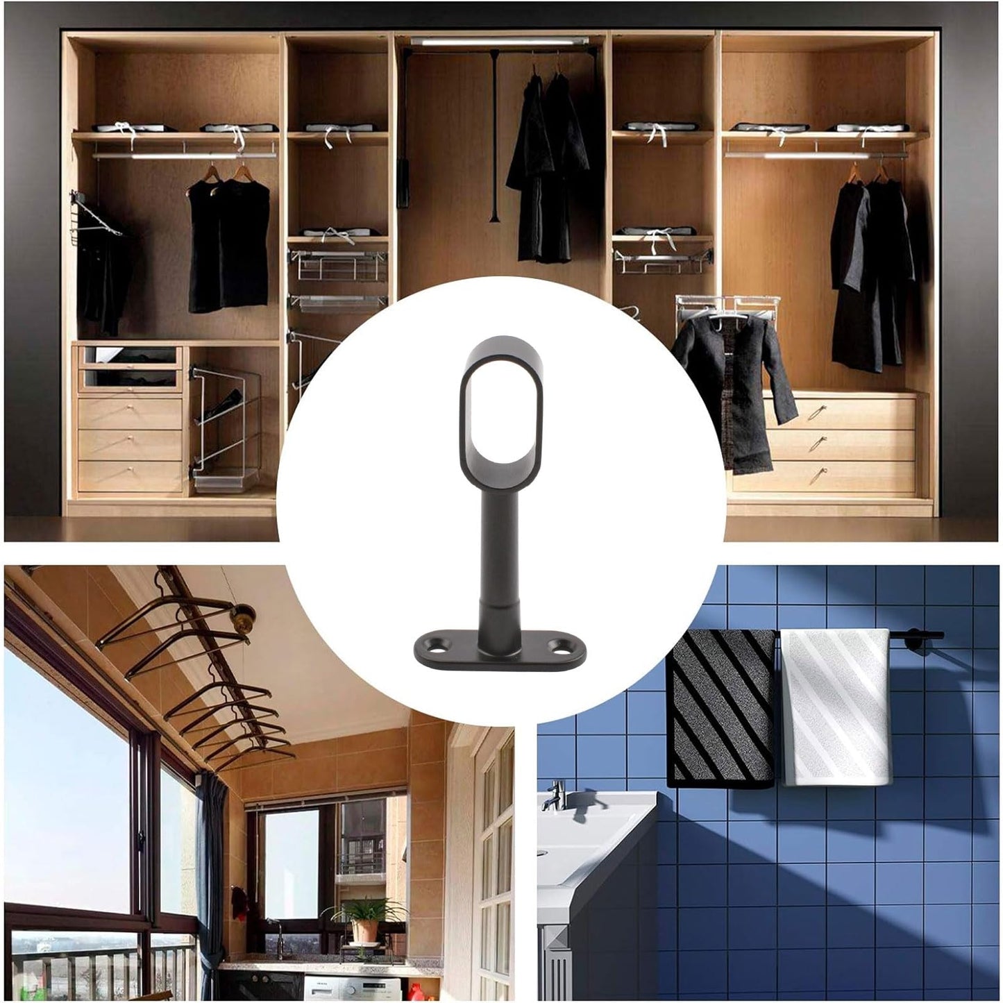 INCREWAY Oval Wardrobe Rod Support, Black Zinc Alloy Ends, Adjustable Hollow Rod Bracket, for Bedroom & Bathroom
