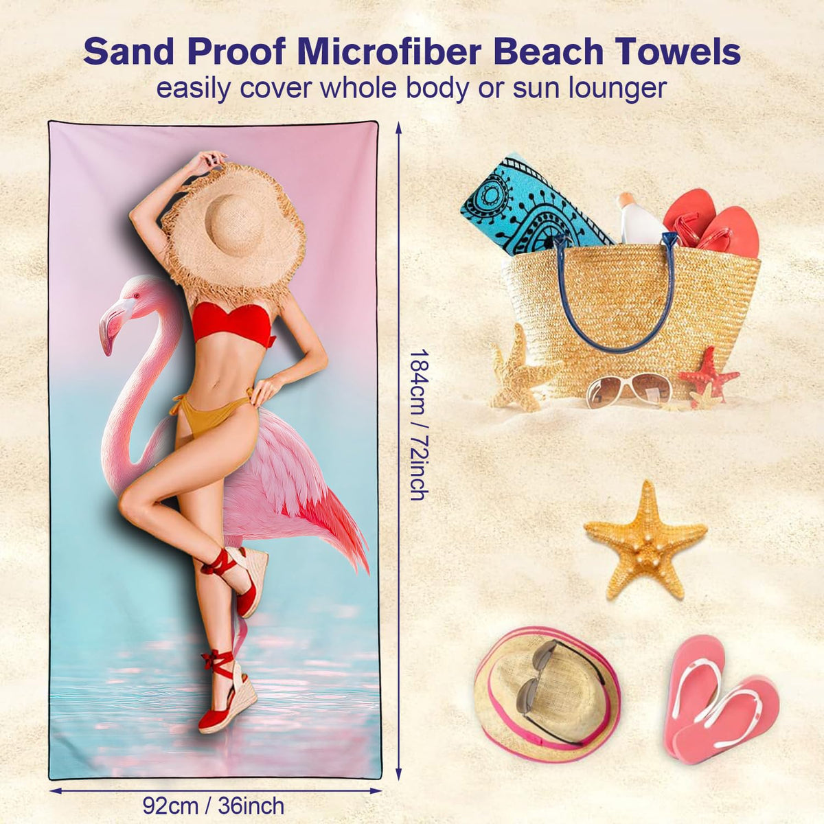 Violetpos Pink Flamingo Beach Towel, Extra Large 180x90 cm 250GSM Microfibre, Sand Free Quick Dry