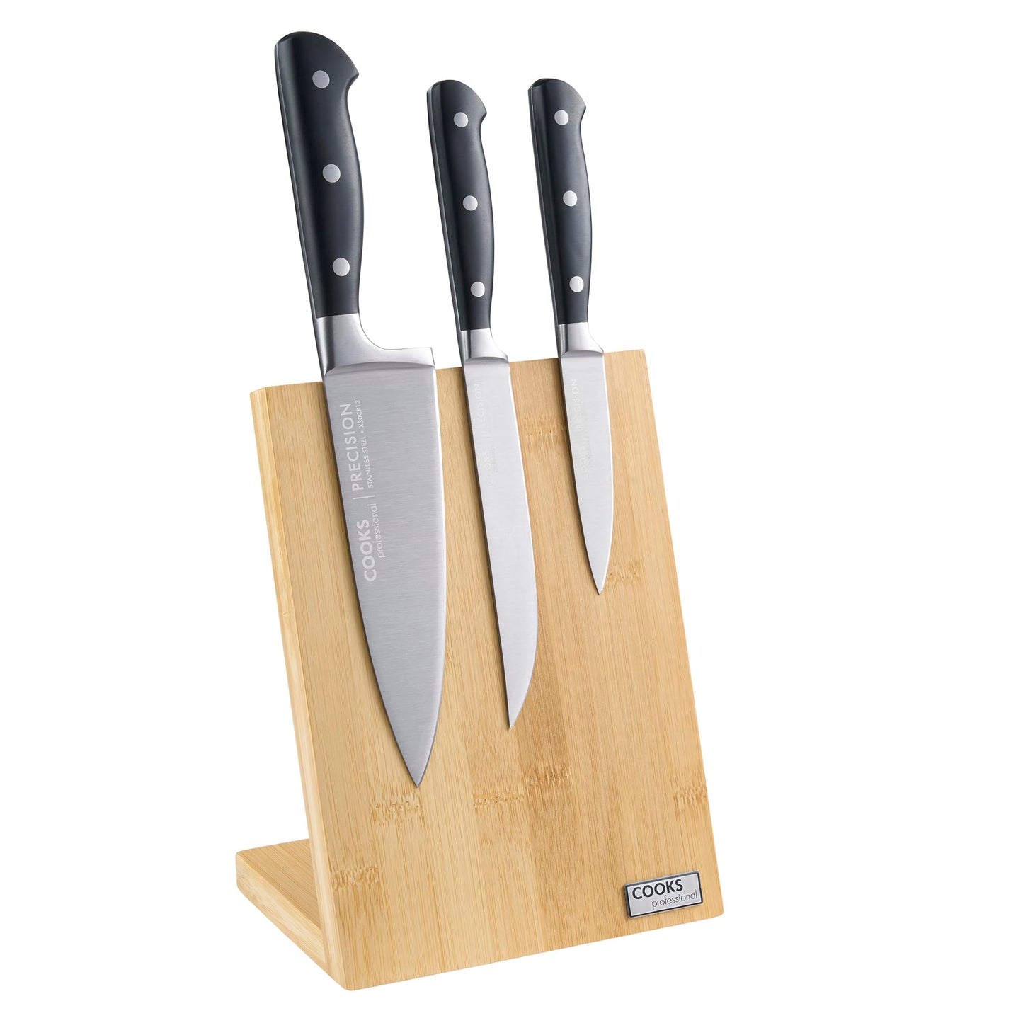Cooks Professional Precision 3 Piece Knife Set with Magnetic Bamboo Knife Block | Satin Finish Stainless-Steel Blades | Home Kitchen Paring, Utility &