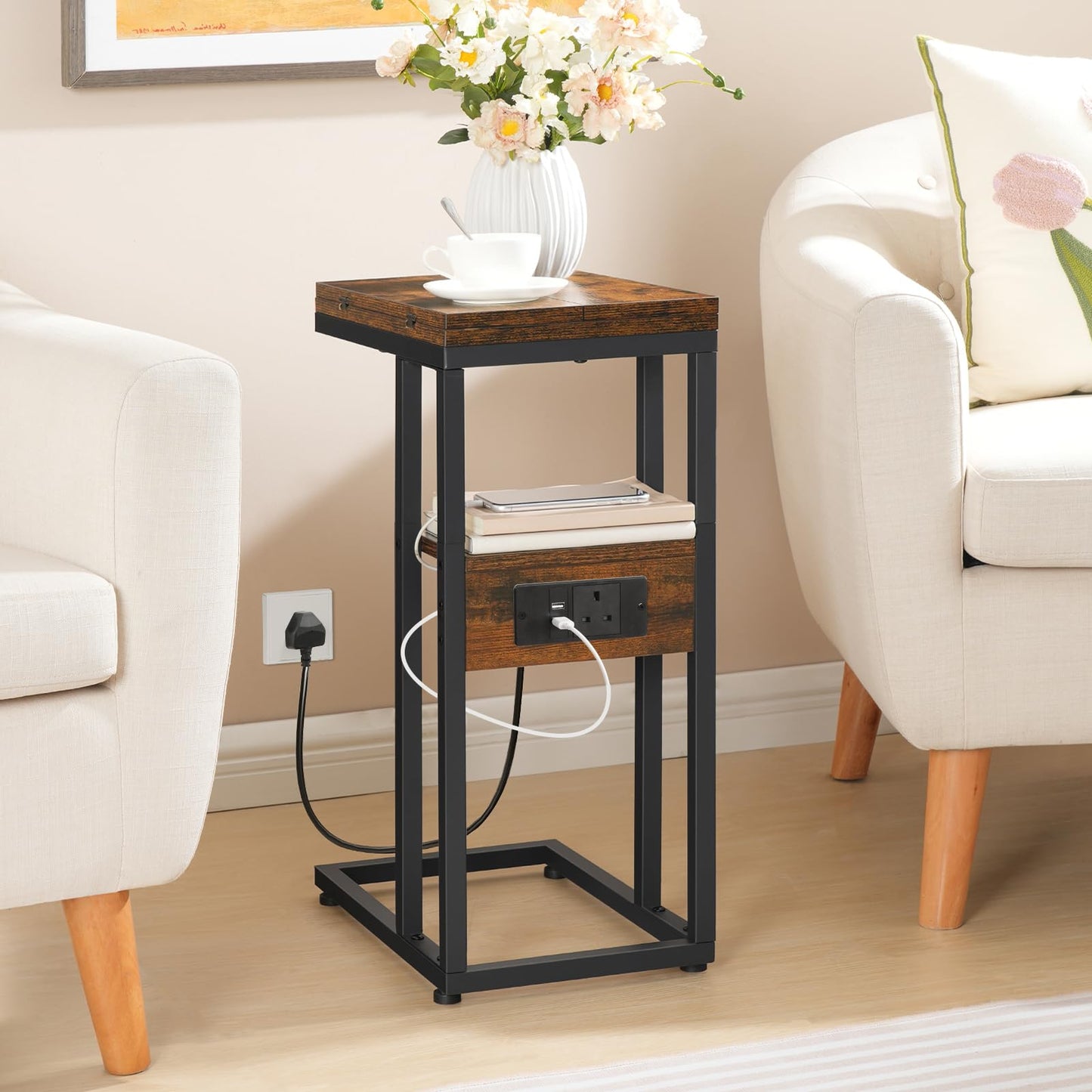 HOOBRO Foldable Side Table, Bedside Table with Charging Station, C Shaped Side Table with Storage Shelf