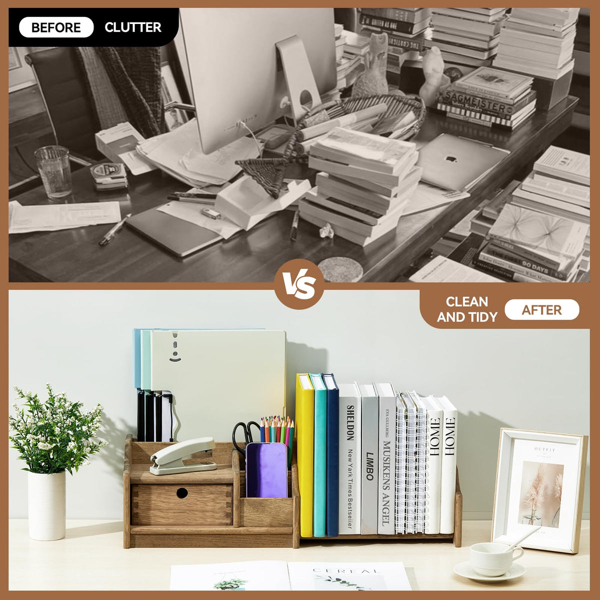 KIRIGEN Wooden Desktop Organiser with Drawer, Adjustable Bookshelf, Brown