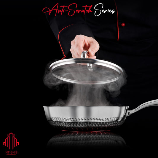 Premium Frying Pan with Lid 28 cm/ 11 Inches Non-Stick | Scratch Resistant | Extra Deep Large | Chemical Free | Stainless Steel Skillet | Honey