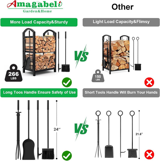 Amagabeli Fireplace Log Rack 29.5inx15.7inx11.8in with 4 Fireplace Tools Wrought Iron Firewood Holders Indoor Wood Stove Outdoor Fireplace Log Storage