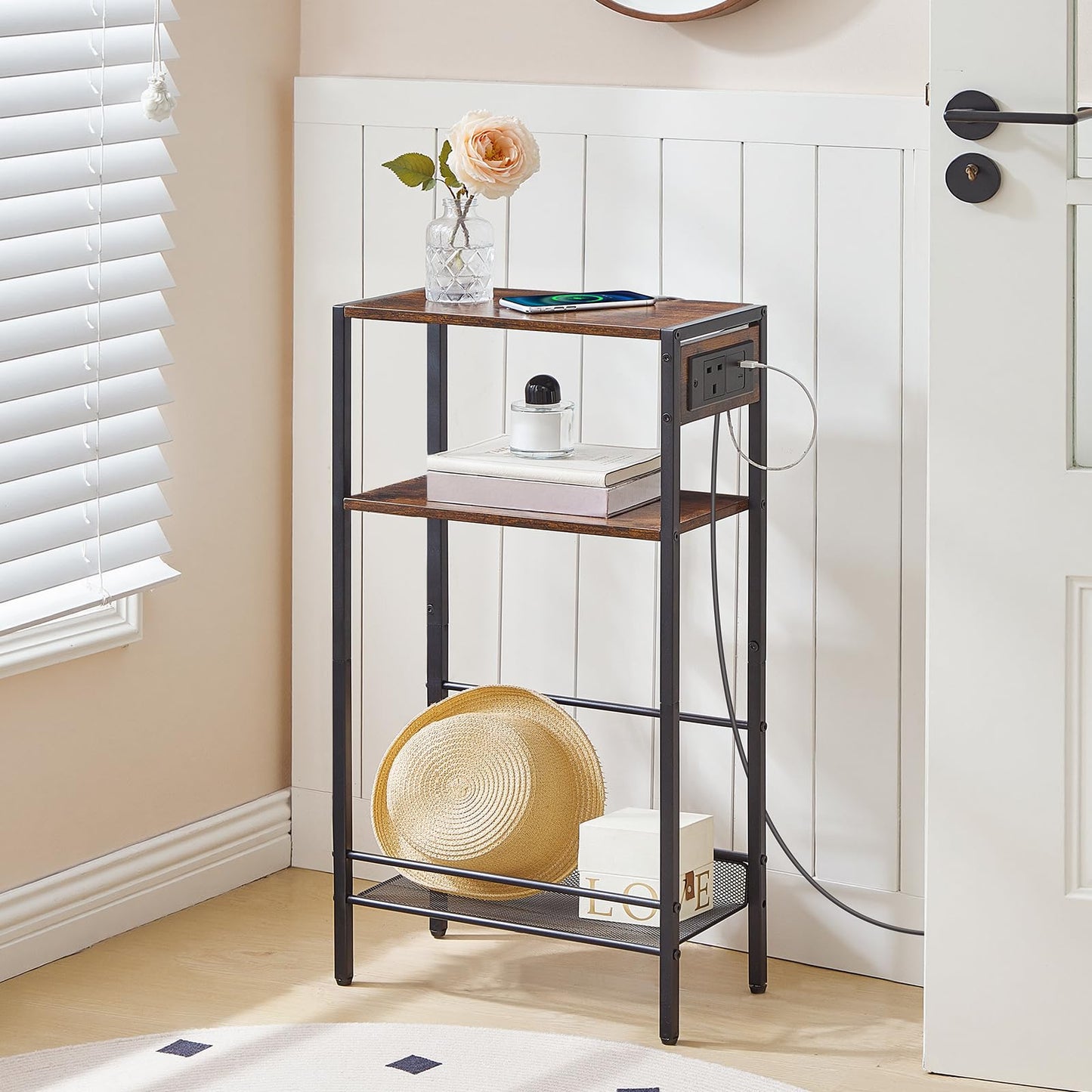 HOOBRO 3-Tier Console Table with Charging Station (1AC, 1USB, 1Type-C), Hallway Table with Adjustable Shelf