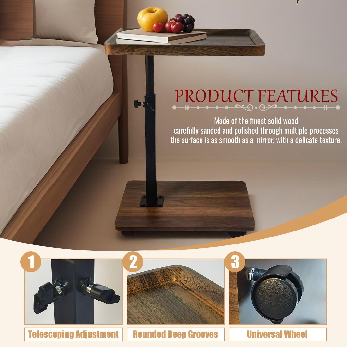 Aegistus C Table End Table Adjustable Height, 360°Swivel TV Tray Table for Small Spaces with 4 Casters(Walnut Brown)