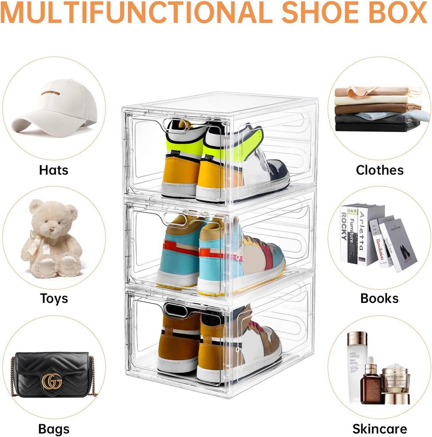 INSTY 6 Pack Modern/Functional Transparent Plastic Shoe Storage Box, Shoe Organizer with Magnetic Door, Stackable, Fits up to US Size 12