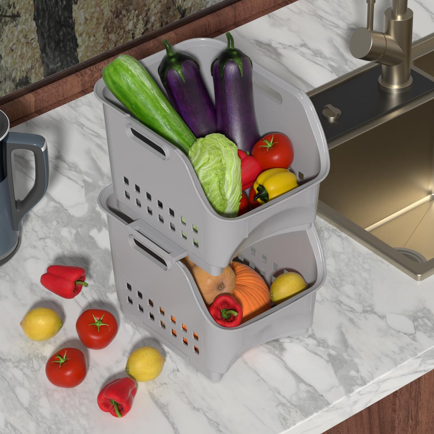Vareone 3 Pack Open Front Storage Baskets, Plastic Kitchen Stacking Baskets for Organizing Fruits Vegetables Condiments, Gray