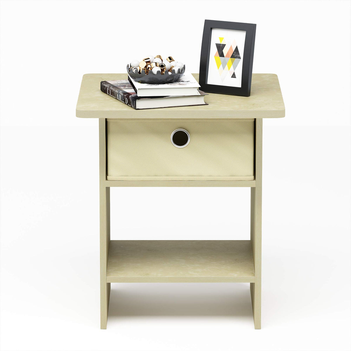 Furinno Dario End Table/ Night Stand Storage Shelf with Bin Drawer, Cream Faux Marble/Ivory