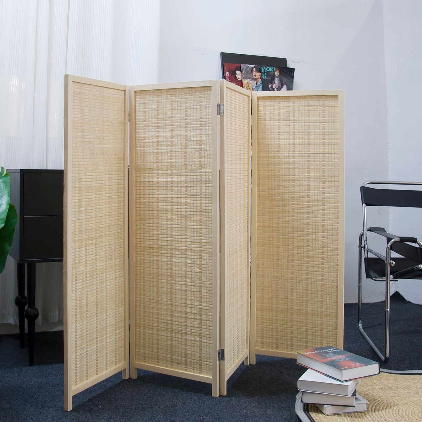 Furnnylane 4 Panel Bamboo Room Divider Short Folding Screen Divider,Double Sided Bamboo Divider Screen for Room Separation,Beige,120 cm H x 156 cm W