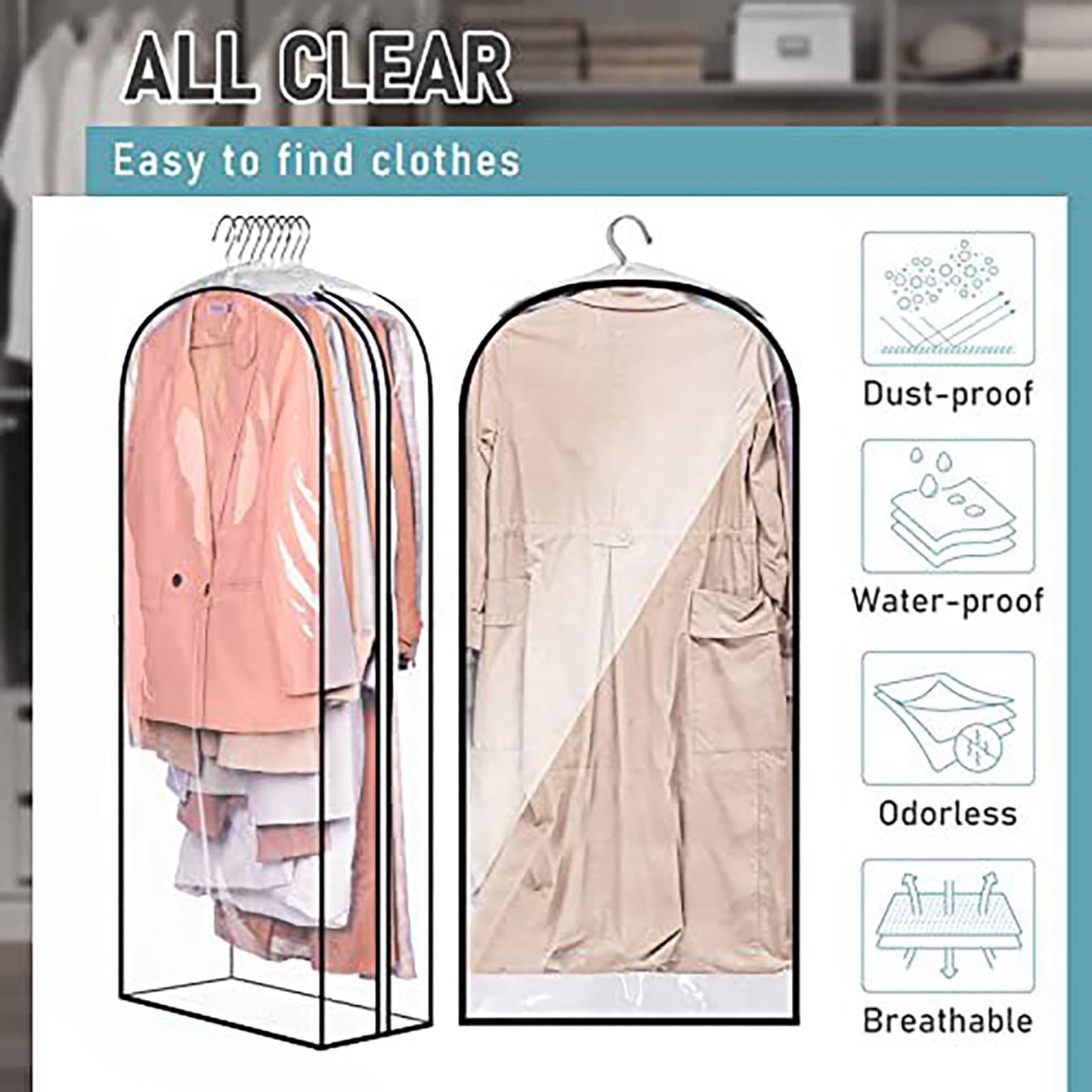 XIANTIAN 4 Pack Full Clear Garment Bags, 40" Clothes Covers with 10" Gusseted, Clear Dress Bags Covers Long, Moth Proof Clothes Covers Protector Bags