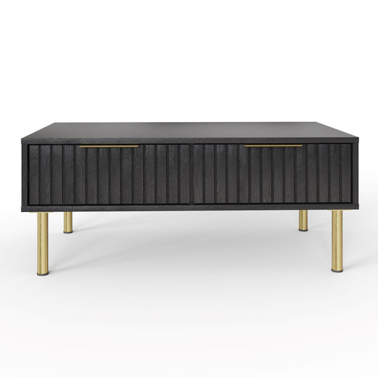 GFW Nervata Coffee Table, Black Coffee Table with 2 Drawers, Art Deco Style Living Room Table with Gold Accents and Wood Grain Texture