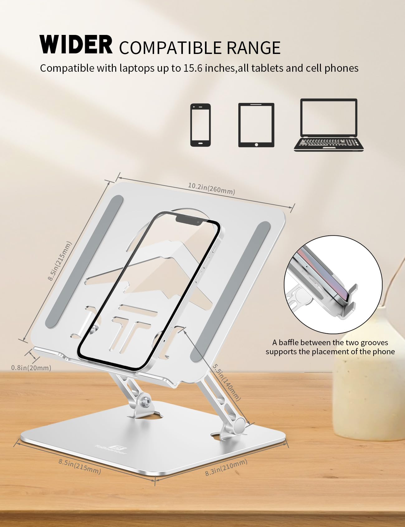 Tobeoneer Aluminum Adjustable Laptop Stand for Desk,Foldable, 10-16"