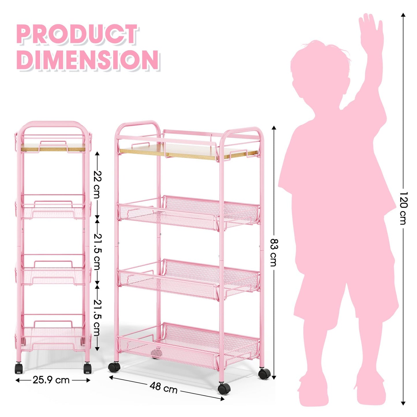 KINGRACK 4-Tier Rolling Cart with Wooden Tabletop & Mesh Baskets, Slide Out Metal Utility Cart