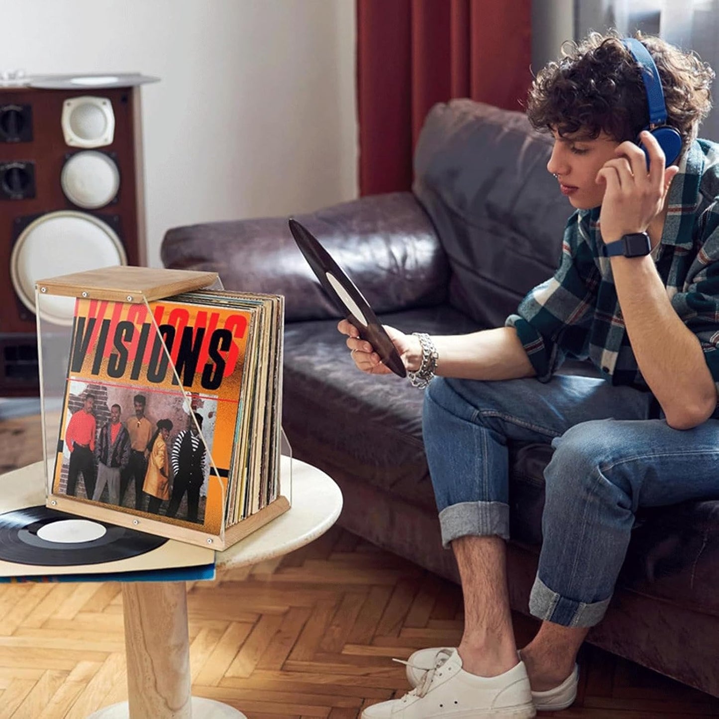 Wooden Vinyl Record Stand Compact Album Storage & Display Organizer for Home, Office, or Desktop Easy Assembly, Modern Design (Black)