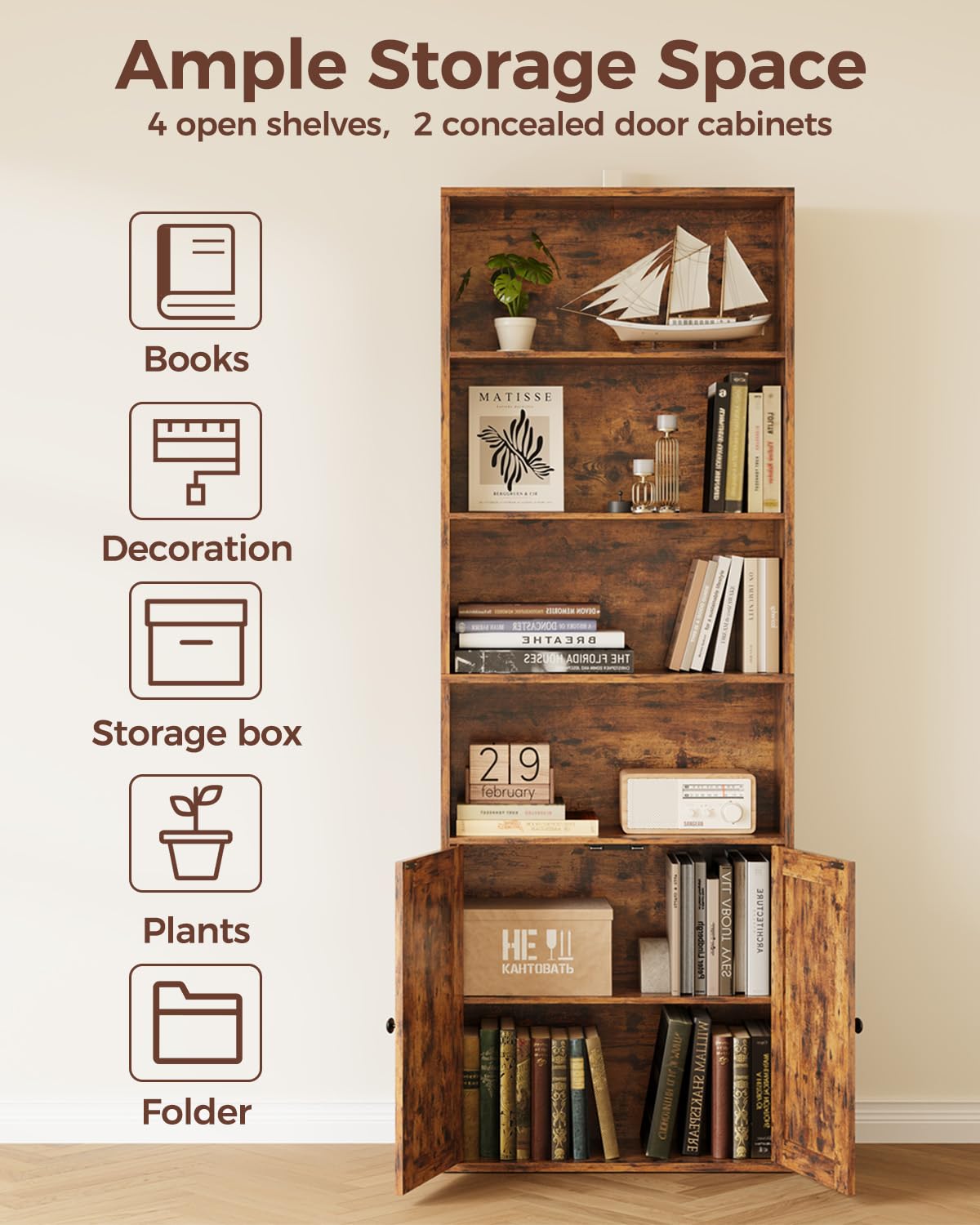 IRONCK Bookcase 6-Tier, Bookshelf with Doors, 180cm Tall Living Room Bookcases, Display Shelf Storage, Freestanding Book Shelf Unit for Home Office