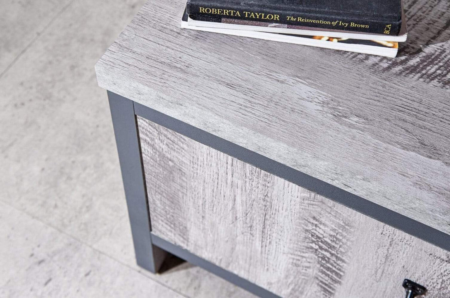GFW Boston Grey Wood Effect TV Cabinet, 2 Door TV Unit with Open Media Shelf, Industrial Entertainment Stand for Living Room