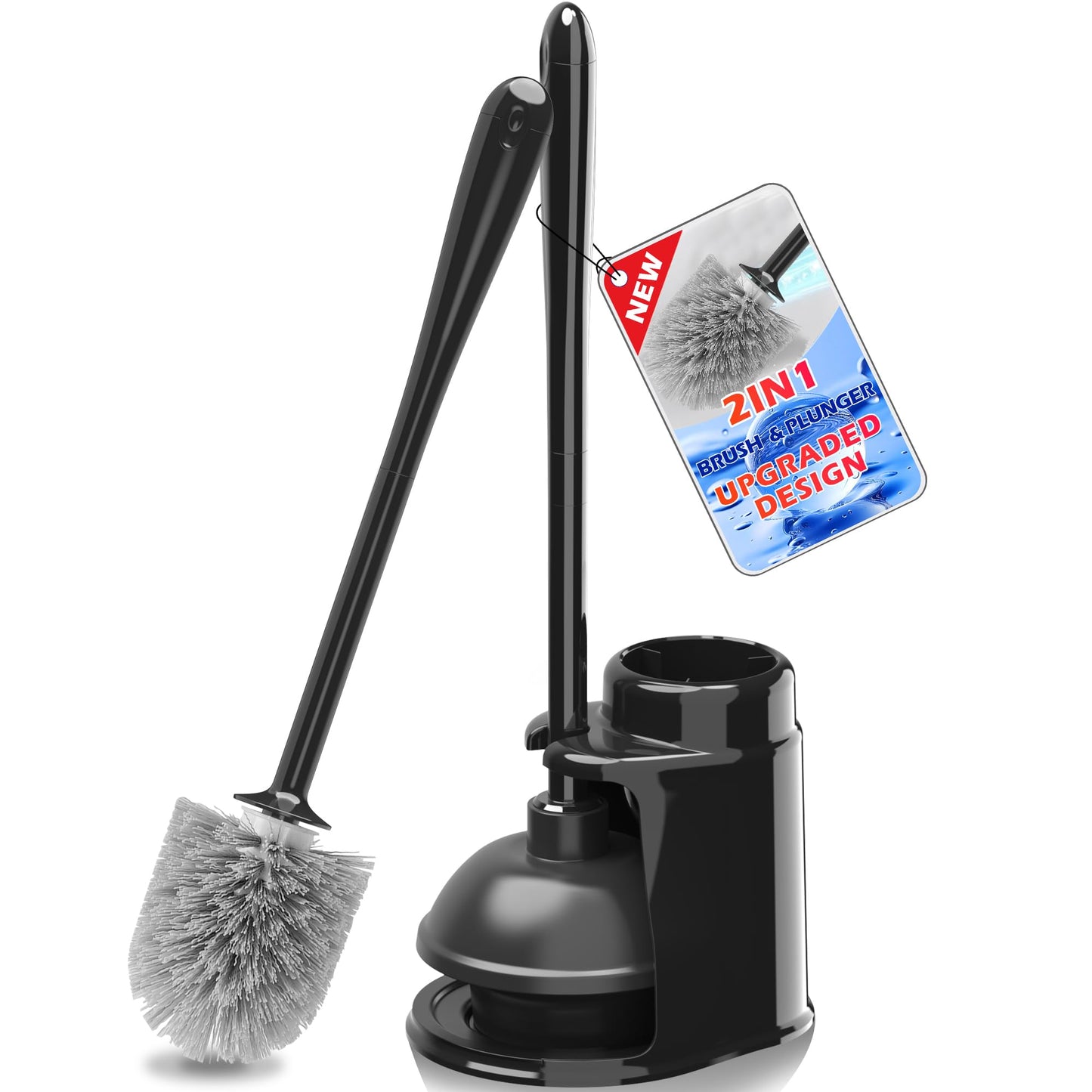 JEHONN Toilet Plunger and Brush Set Black with Holder and Hidden Tweezers, Heavy Duty Bathroom Bowl Scrubber Cleaning Kit for Bathtub Sink Wash Basin