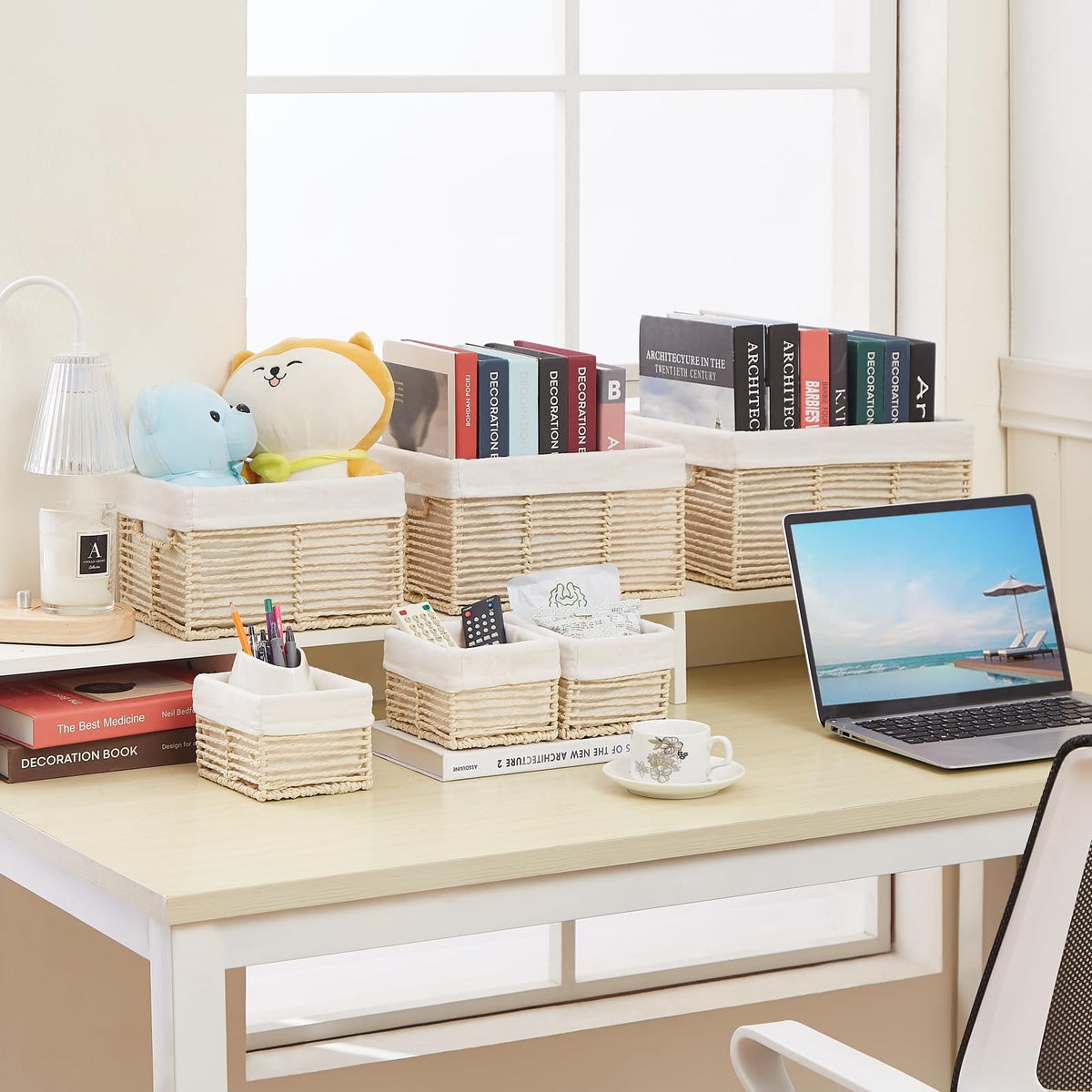 Vagusicc Wicker Storage Basket, Set of 6 Hand-Woven Display Hamper Basket with Handle, Wicker Basket for Shelves Closet
