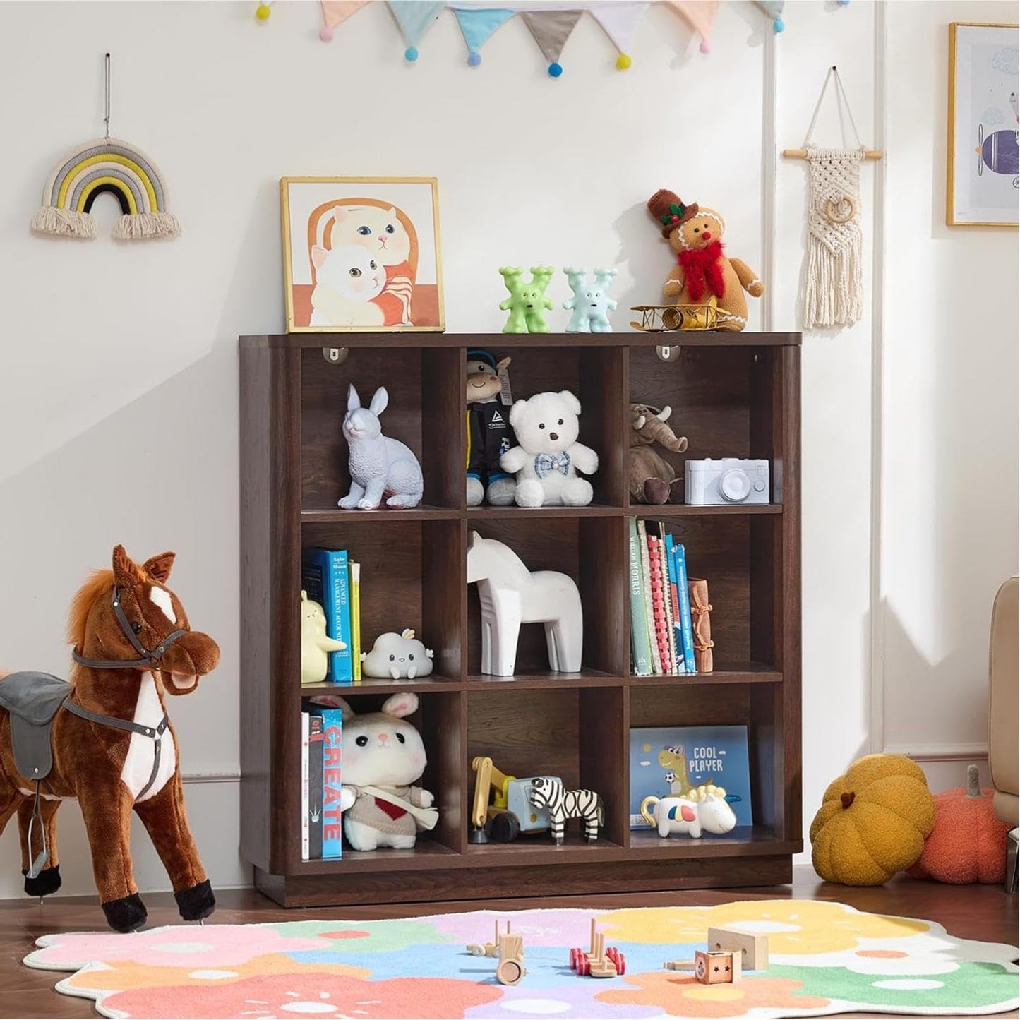 LELELINKY 9 Cube Storage Bookcase, 41" Wide Wooden Book Shelf with Thickened Base, Freestanding 3-Tier Open Book Case Unit with Curved Edge