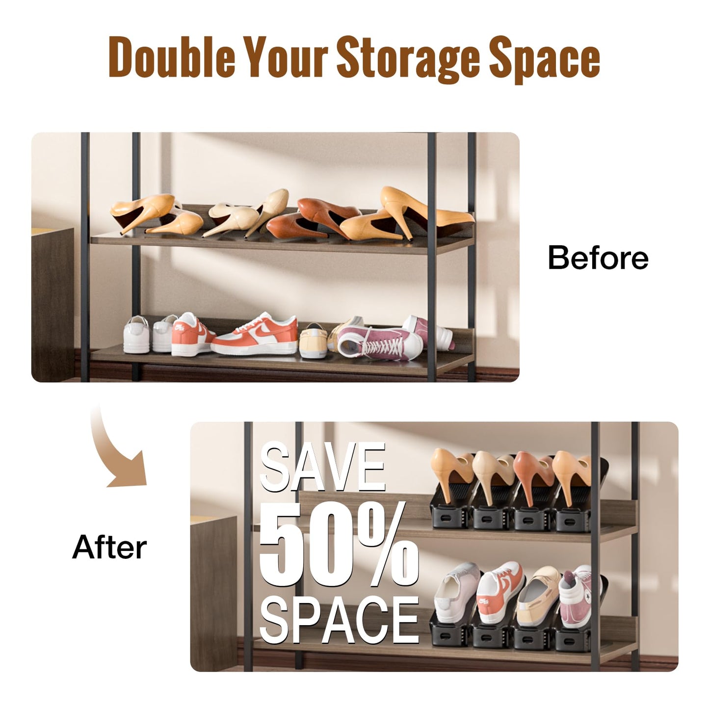 Neprock Shoe Storage Organizer, Adjustable Shoe Rack Shoes Slots Organizers Space Saver