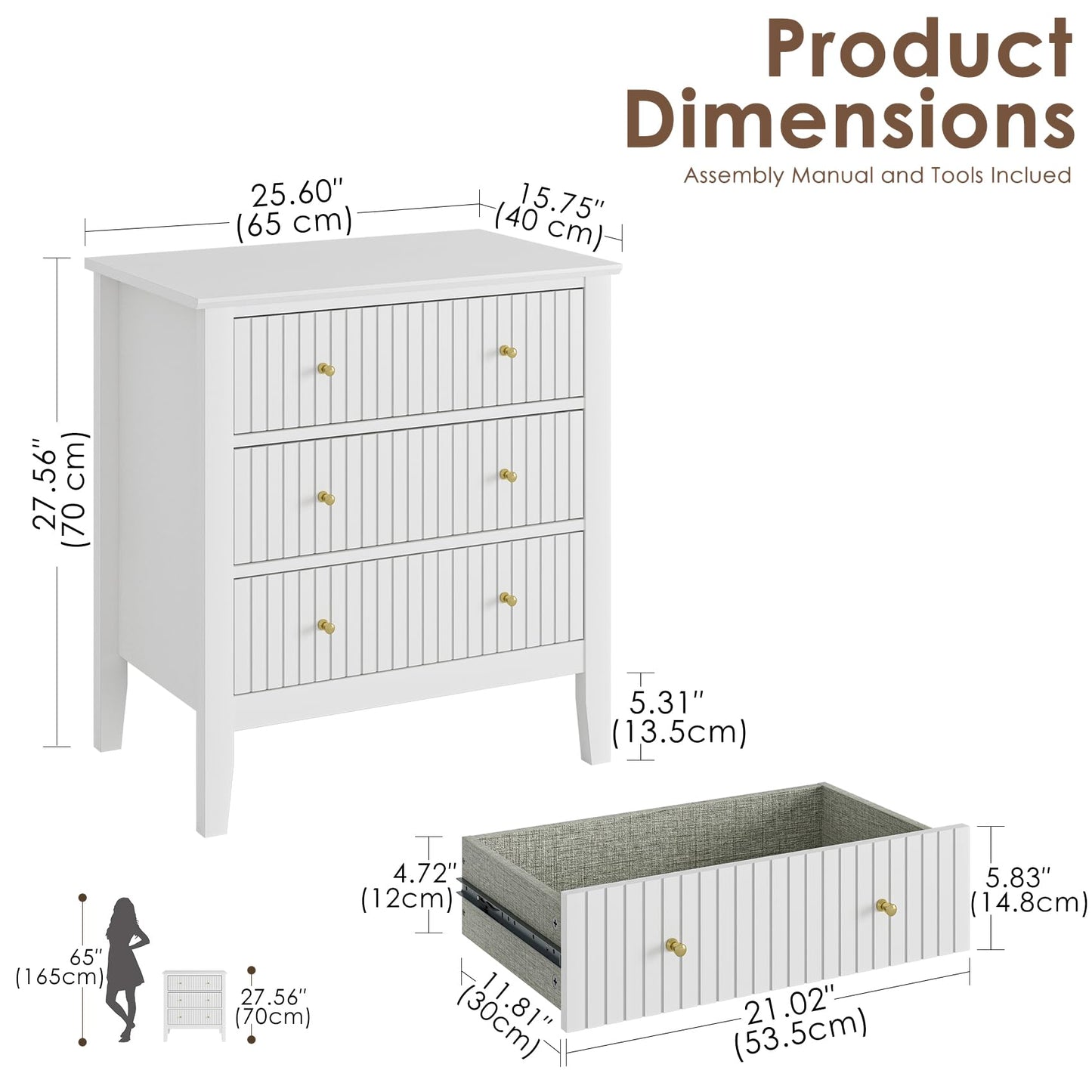 Apetaccat Large Bedside Table Bedroom, 3 Drawer Chest of Drawers, Bedside Cabinet With Metal Handles,for Bedroom Livingroom,Hallway,White