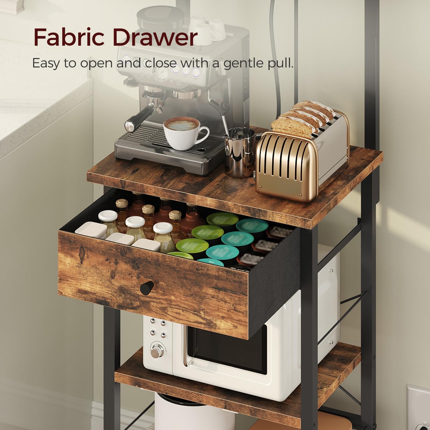 MAHANCRIS Bakers Rack, Microwave Stand, Coffee Bar Station, Kitchen Storage Shelf Rack with Drawer and Power Strip, 4 Hooks, for Kitchen, Living Room
