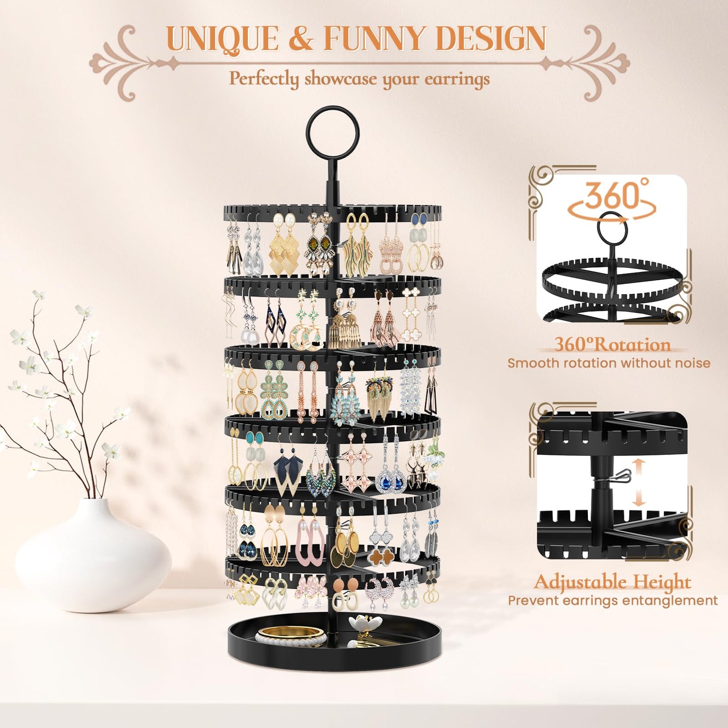 iDavosic.ly 6 Tier Rotating Earring Holder Organizer with Metal Tray, Black