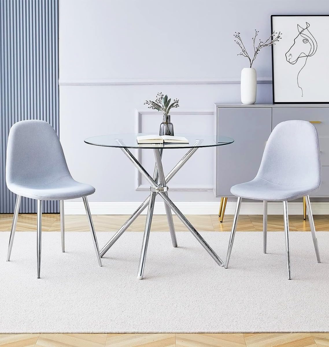 Hallowood Furniture Cullompton Small Dining Table and 2 Chairs, Round Glass Dining Set for 2, 90cm Table with Grey Fabric Chairs, Set for Kitchen,