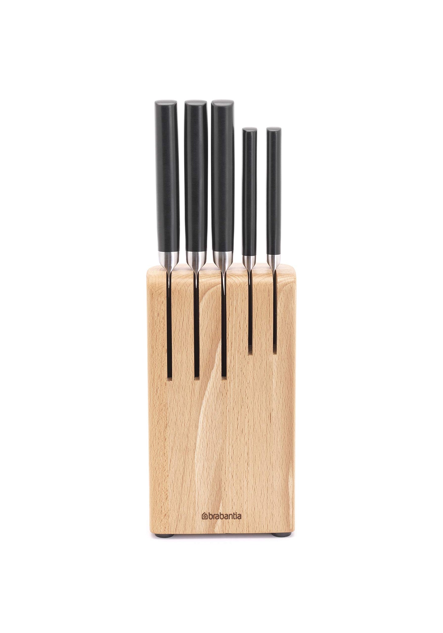 Brabantia 5 Knives Knife Block with Dark Grey Handled Knives & Slotted Beech Wood Countertop Organiser - 6-Piece Set Includes Chef, Bread, Carving,