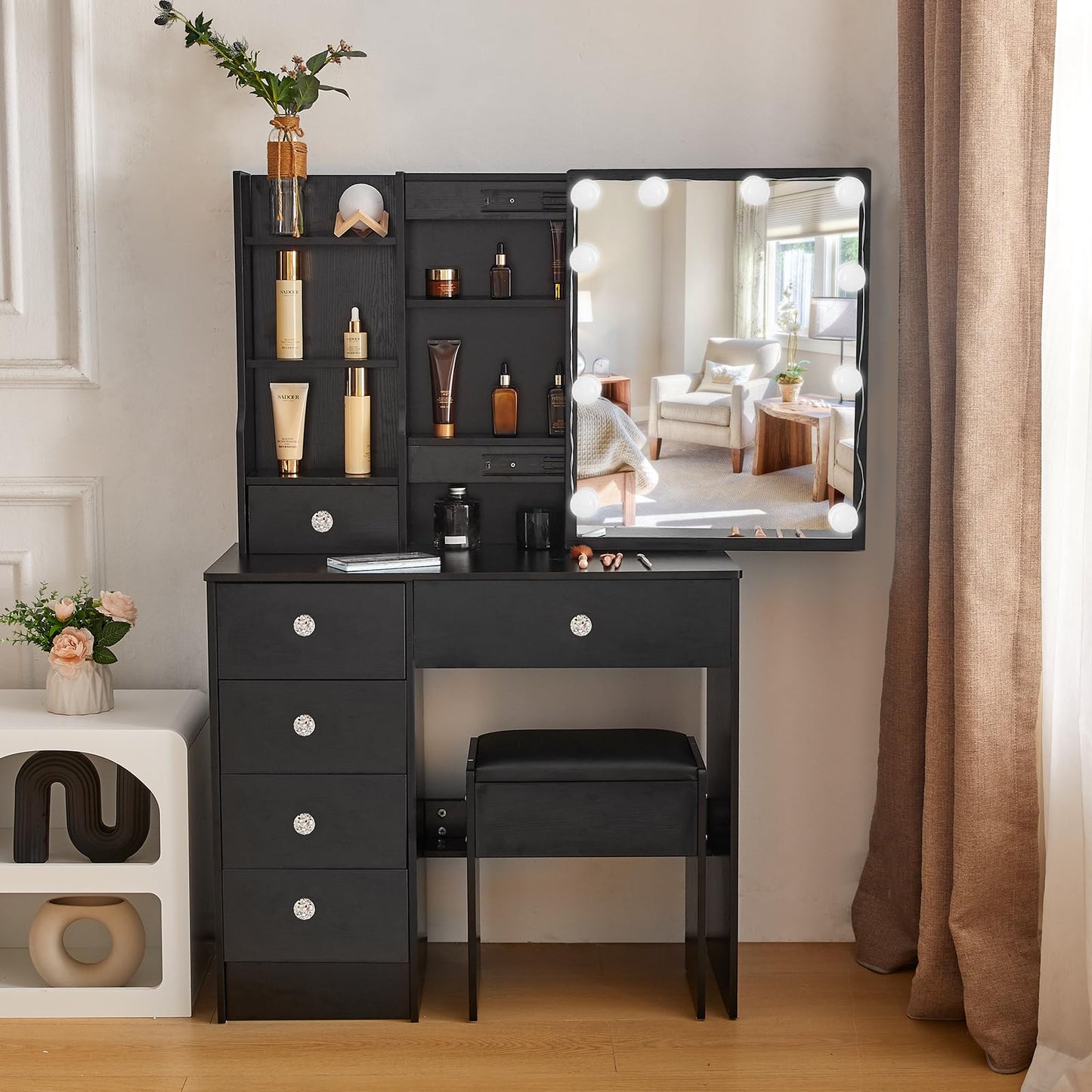 Buildonely Dressing Table with Mirror 36 x 80 x 131 cm, Vanity Desk with Lights, Adjustable Brightness and 3 Color Temperatures, Vanity Table with