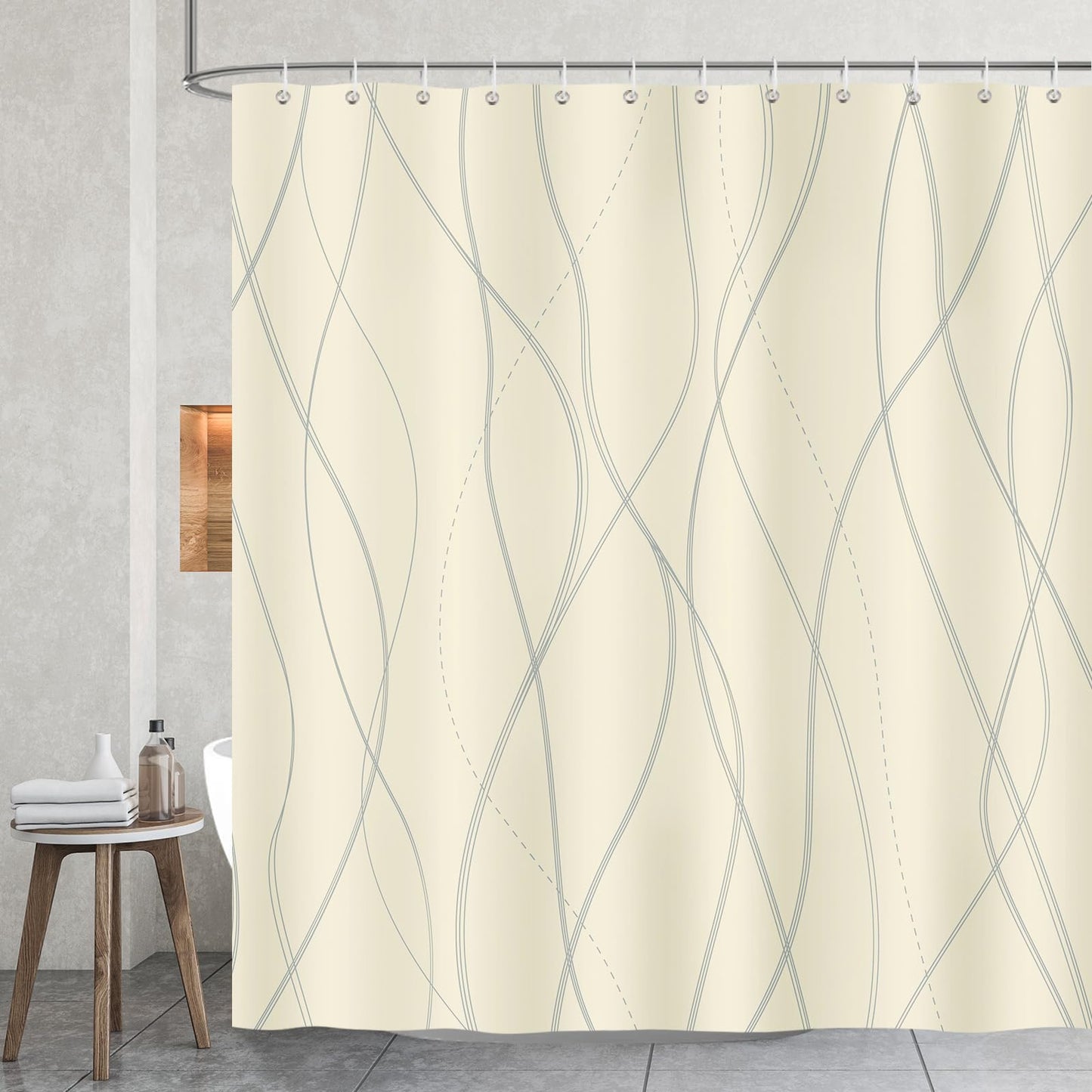 COZZSNUGE Modern Stripes Shower Curtain, Grey and Yellow Striped Bathroom Curtain 183 x 183 cm, Water Repellent Mildew Resistant Polyester with 12