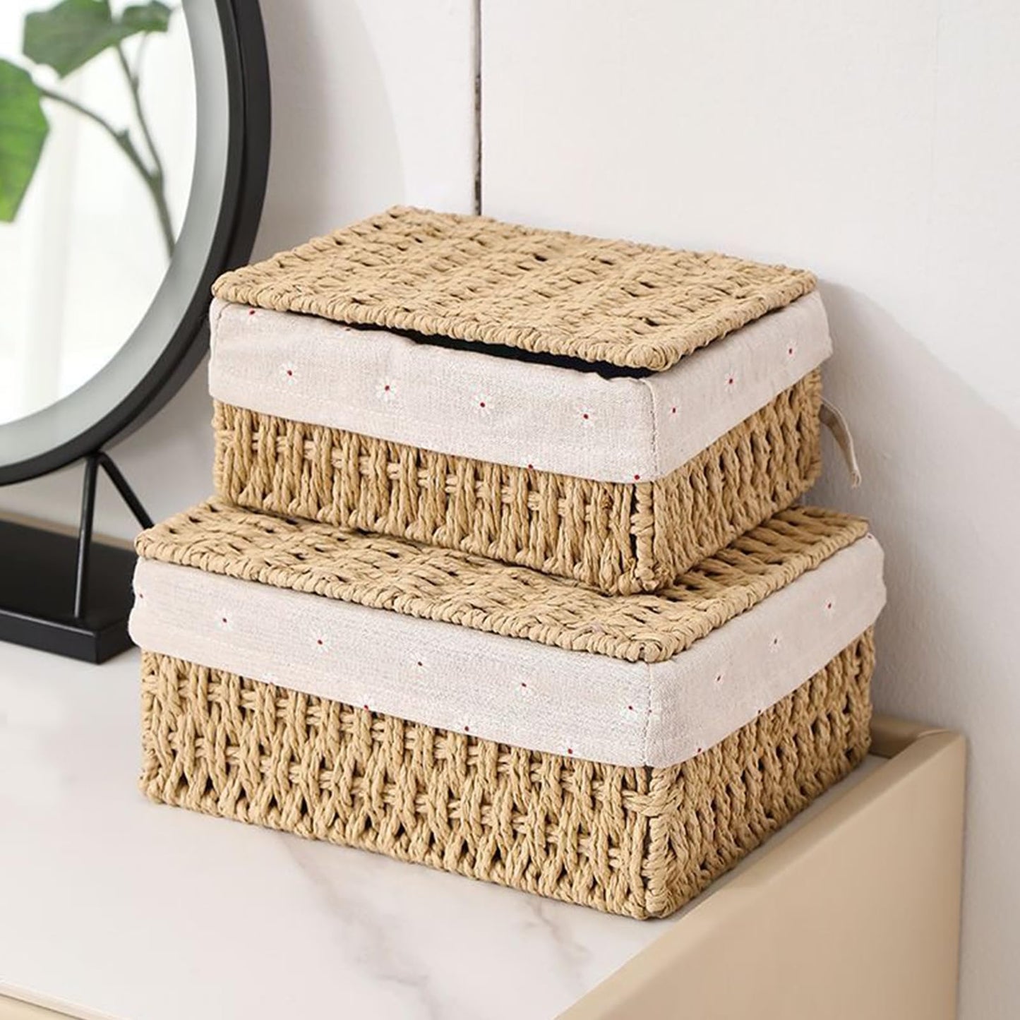 ZHYOPING Set of 3 Storage Baskets with Lids – Natural Paper Rope Storage Basket, 3 Sizes Woven Hamper Basket with Lining for Toys, Bathroom