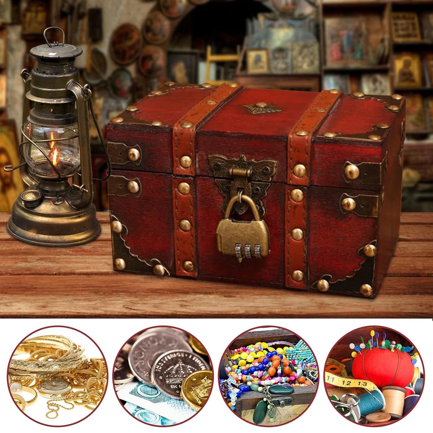 AOTOPYU Treasure Chest Children's Birthday Pirate Chest Gift Box Lockable with Lid and Lock Wooden Chest (M: 22 x 15 x 14 cm)