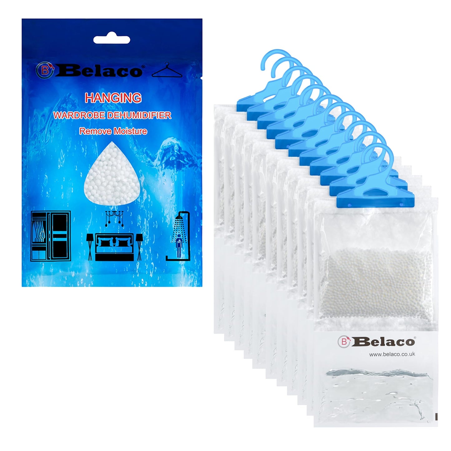 Belaco Set of 12 Hanging Dehumidifier, 230g Moisture Absorber, Dehumidifier for home, Ideal to eliminate damp & Condensation Bedroom, Wardrobe,