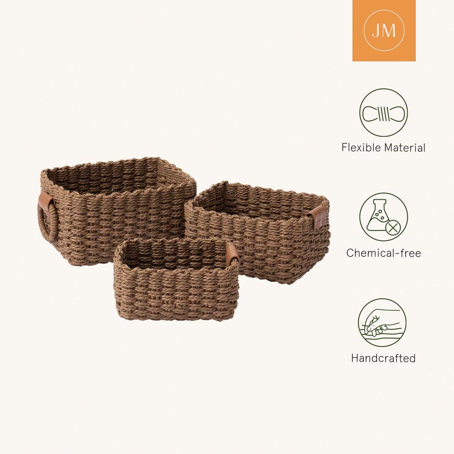 La Jolíe Muse Woven Storage Baskets, Recycled Paper Rope Bin Organizer Divider for Cupboards Drawer Closet Shelf Dresser, Set of 3 (Chocolate)