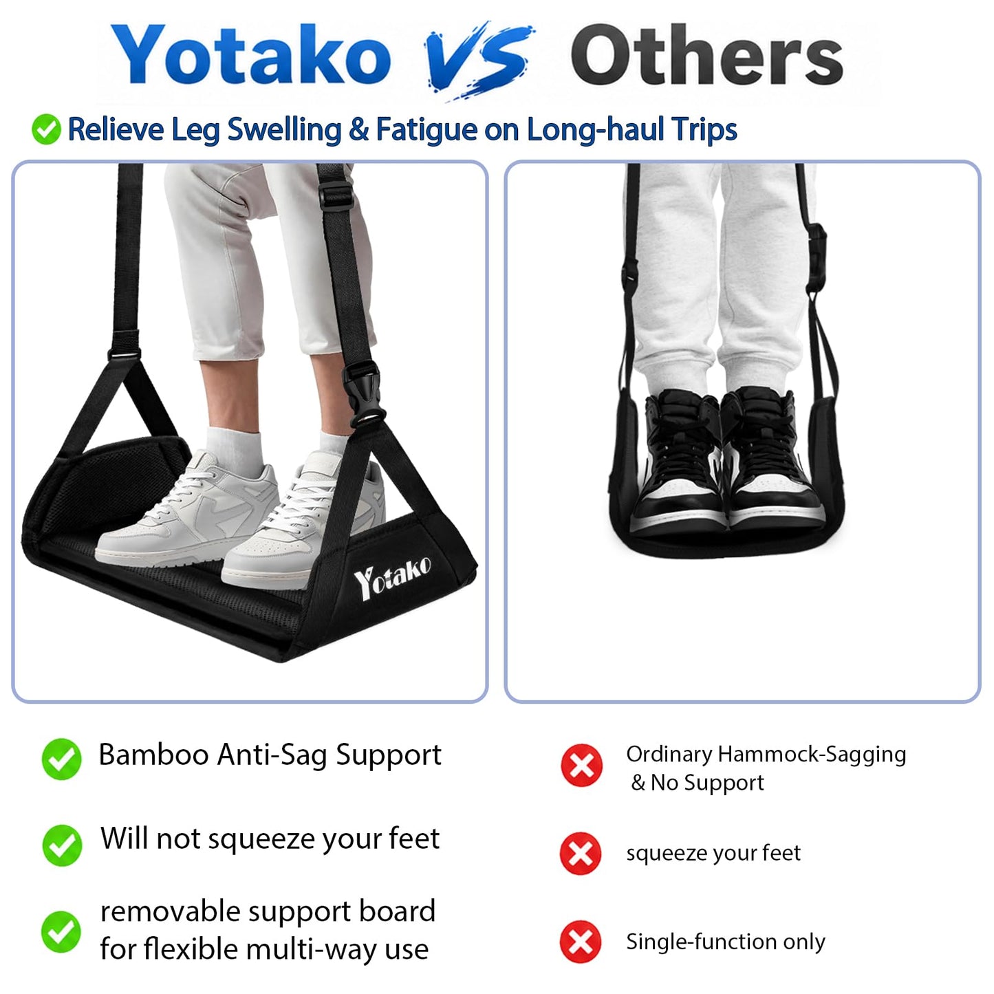 Yotako Foot Hammock for Flight - Adjustable Travel Airplane Foot Rest with Memory Foam & Bamboo Support, Portable Leg Hammock for Long Flights
