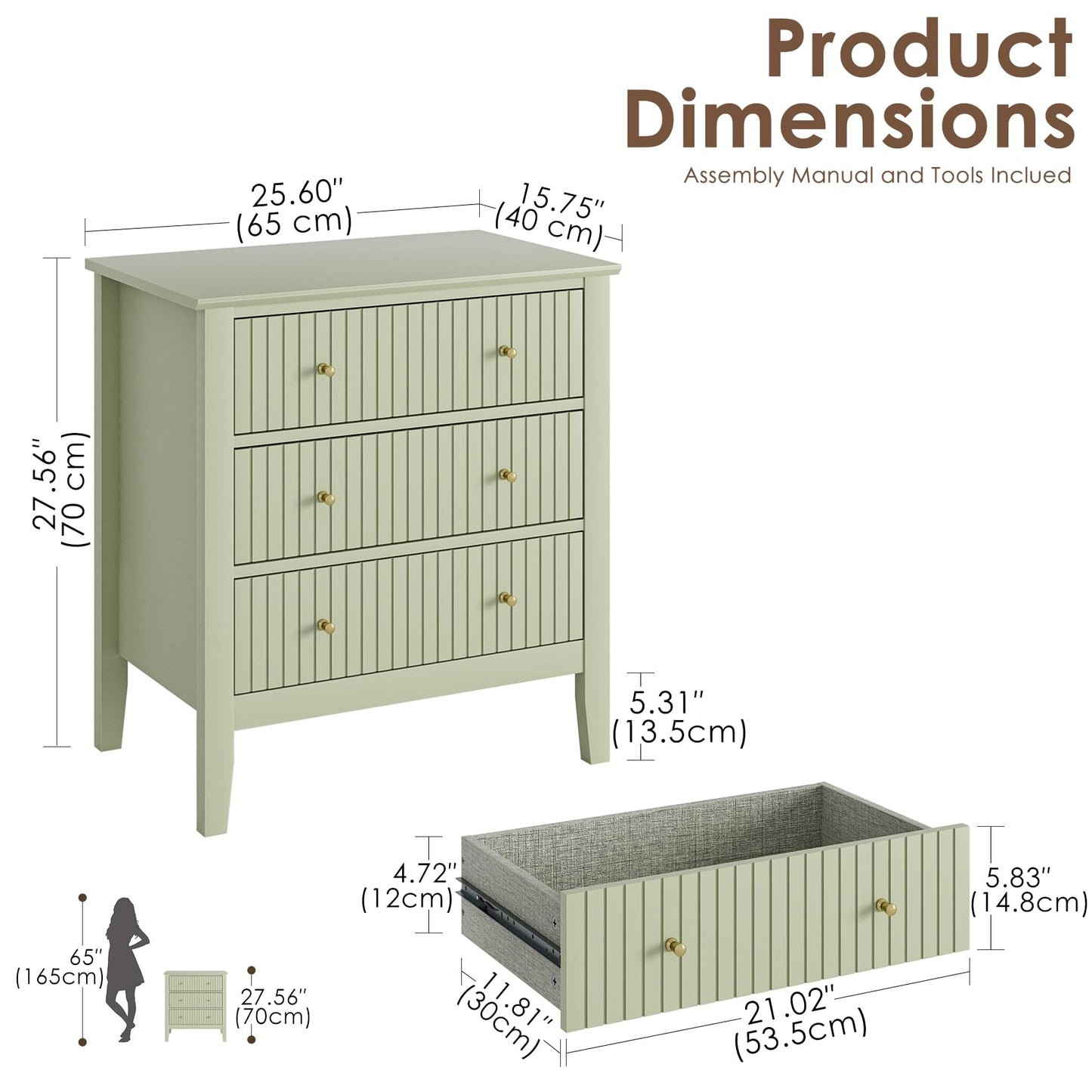 Apetaccat Large Bedside Table Bedroom, 3 Drawer Chest of Drawers, Bedside Cabinet With Metal Handles,for Bedroom Livingroom,Hallway,Green