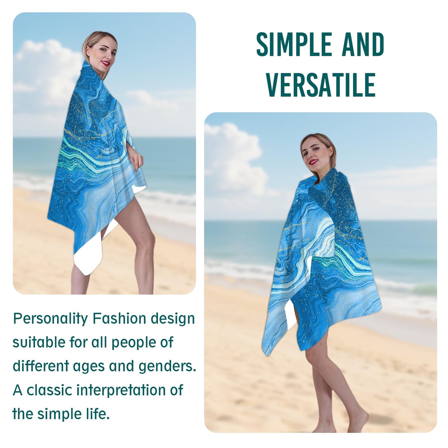 Gelasgo Blue Marble Microfibre Beach Towel - 30"x60" Large Lightweight Soft Quick-Dry Towel for Adults, Ultra Absorbent & Dual-Sided Sand Free