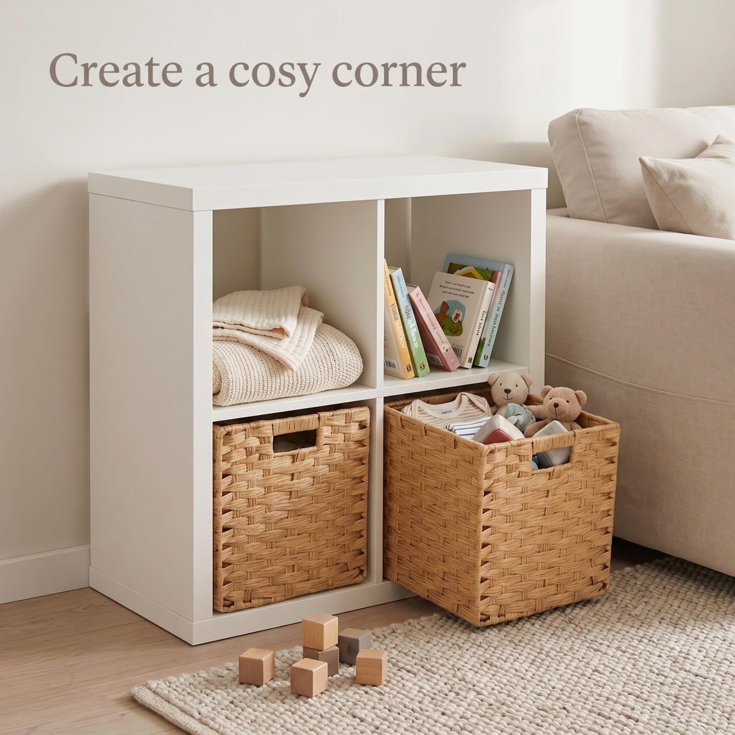 SOCOHOME Cube Storage Box,28x28x28cm Faux Rattan Storage Basket for Toy Clothes Shelf Nursery Closet Waterproof, Non-Mouldy(Beige, 4 Pack)