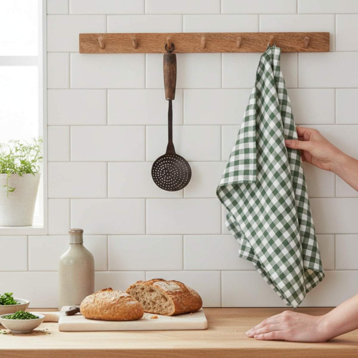 Eight Owls Stonewashed Linen Kitchen Dish Towels – 50 x 68 cm – 100% Pure Linen Tea Towel/Hand Towel - set of 2 Green Check