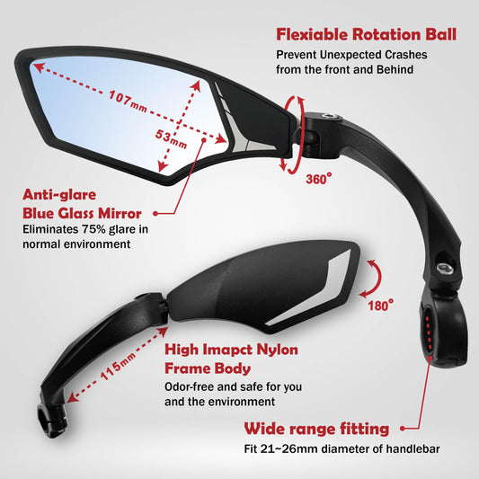 Hafny NEW Handlebar Bike Mirror, HD,Blast-resistant, E-bike Mirror, Glass Lens, HF-MR095 (Anti-glare Blue Left)