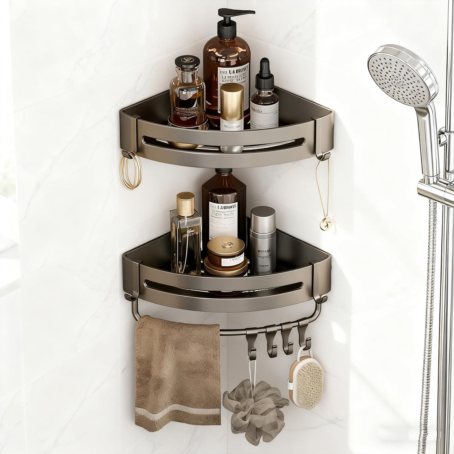 AXXIMENG Corner Shower Caddy with Hook Adhesive Shelf Corner No Drilling Bathroom Shower Organizer Storage Rack for Bathroom Kitchen Home Gadget
